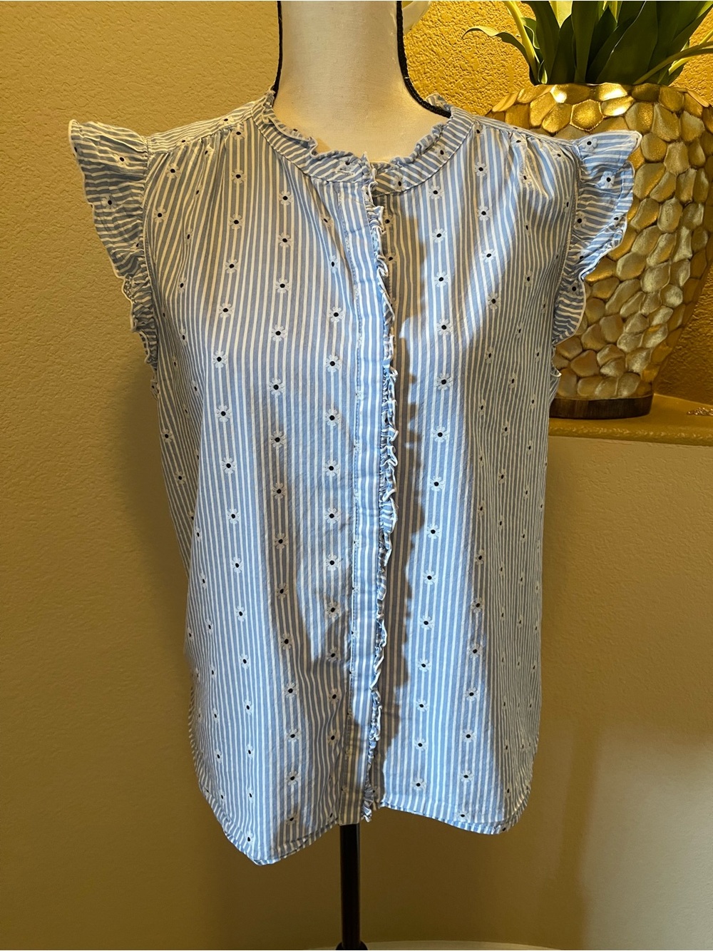 LOFT Blue and White Striped Eyelet Ruffle Blouse